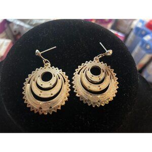 Vintage gold-tone multi-ring art nouveau intricate moon dangle earrings